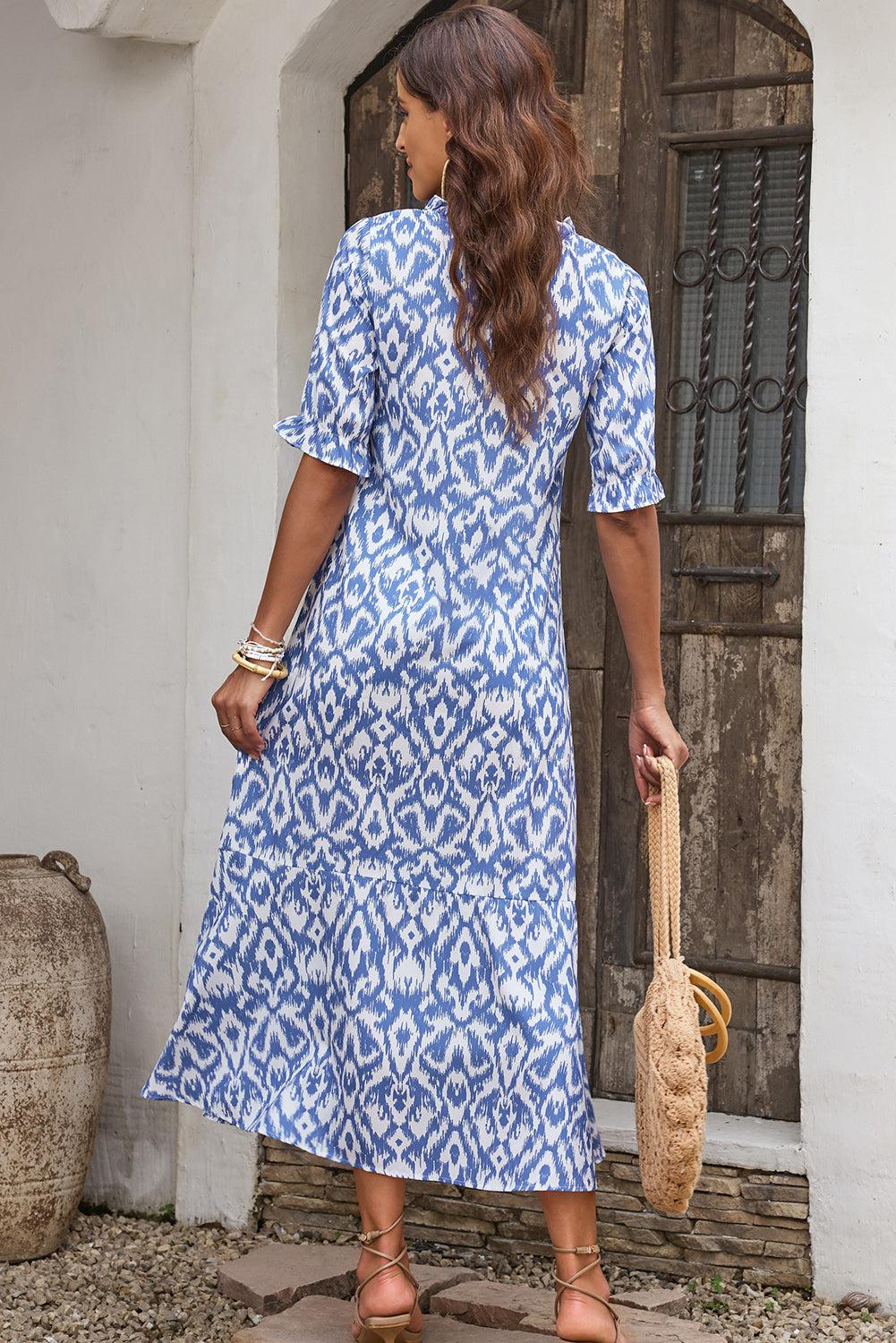 Printed Tassel Tie Flounce Sleeve Dress BLUE ZONE PLANET