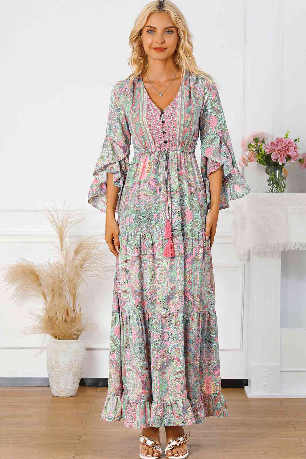 Blue Zone Planet | Printed Tassel Tie V-Neck Tiered Dress BLUE ZONE PLANET