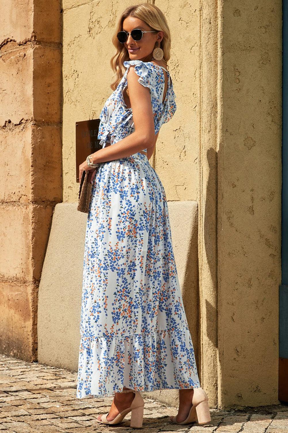 Printed Tie Back Cropped Top and Maxi Skirt Set BLUE ZONE PLANET
