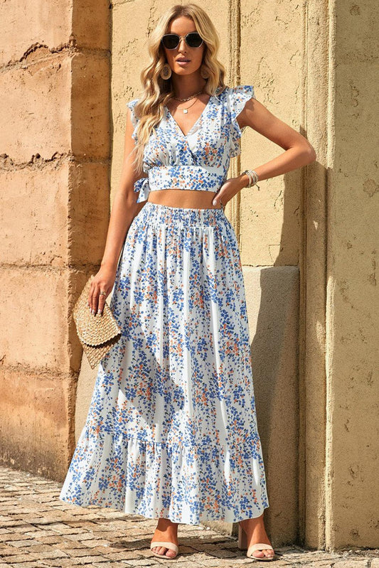 Printed Tie Back Cropped Top and Maxi Skirt Set BLUE ZONE PLANET