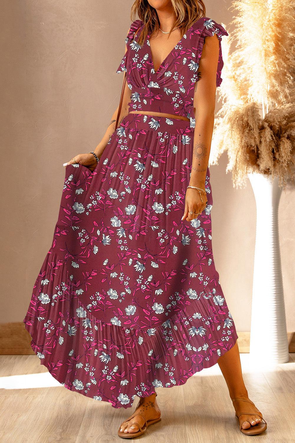 Printed Tie Back Cropped Top and Maxi Skirt Set BLUE ZONE PLANET