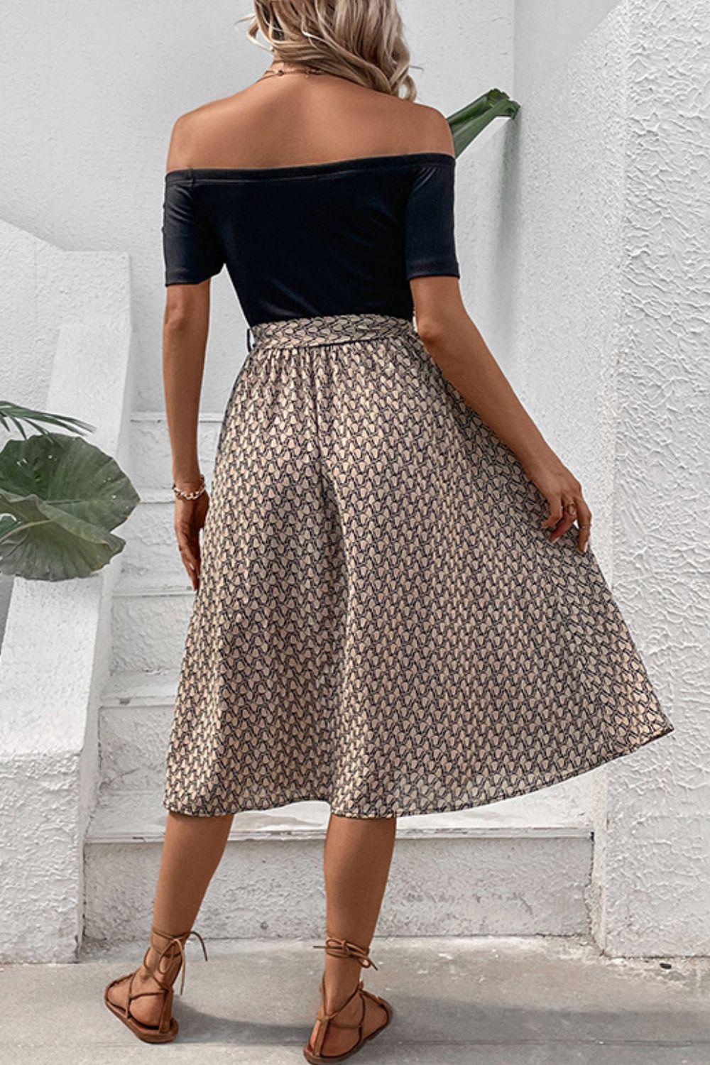 Printed Tie Belt Off-Shoulder Dress BLUE ZONE PLANET
