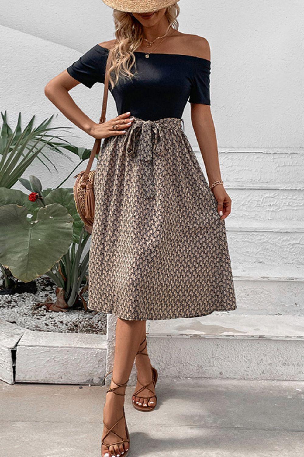 Printed Tie Belt Off-Shoulder Dress BLUE ZONE PLANET