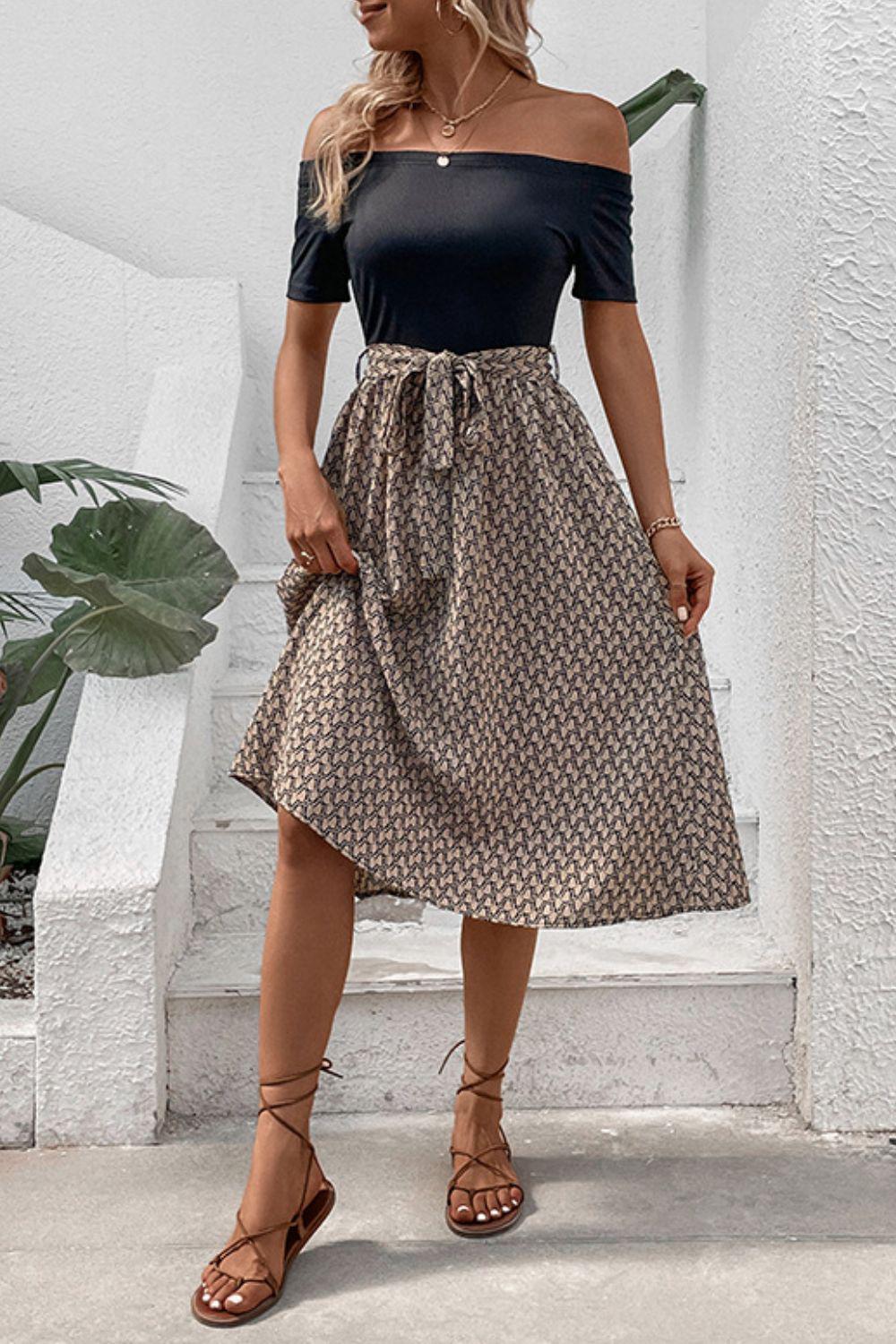 Printed Tie Belt Off-Shoulder Dress BLUE ZONE PLANET