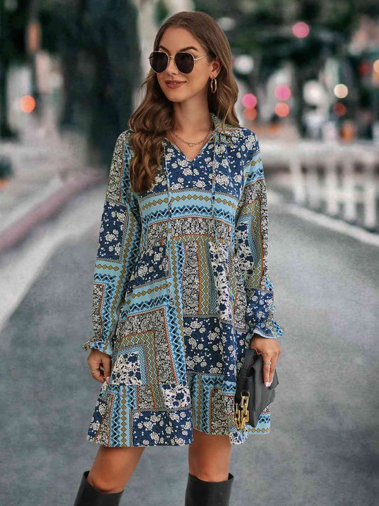 Printed Tie Front Flounce Sleeve Dress BLUE ZONE PLANET