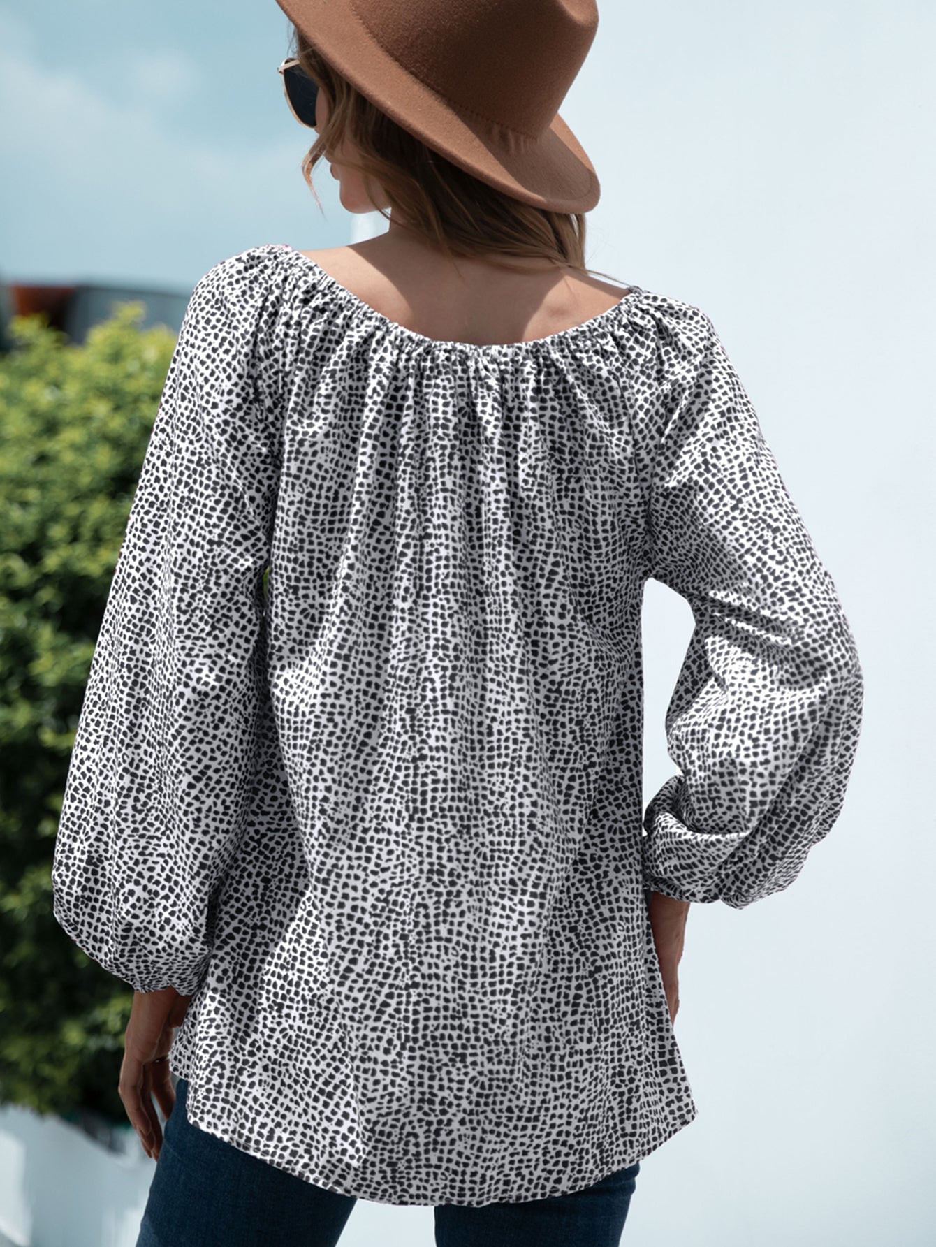 Printed Tie-Neck Balloon Sleeve Blouse BLUE ZONE PLANET