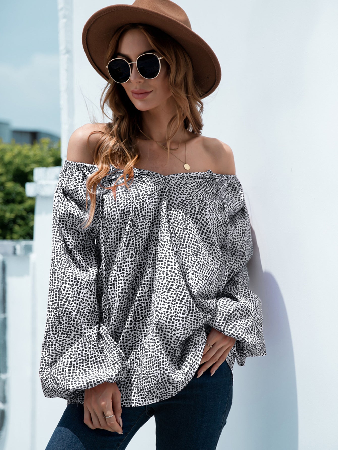 Printed Tie-Neck Balloon Sleeve Blouse BLUE ZONE PLANET