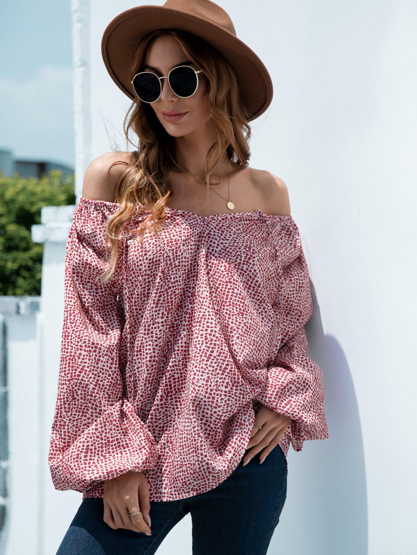 Printed Tie-Neck Balloon Sleeve Blouse BLUE ZONE PLANET