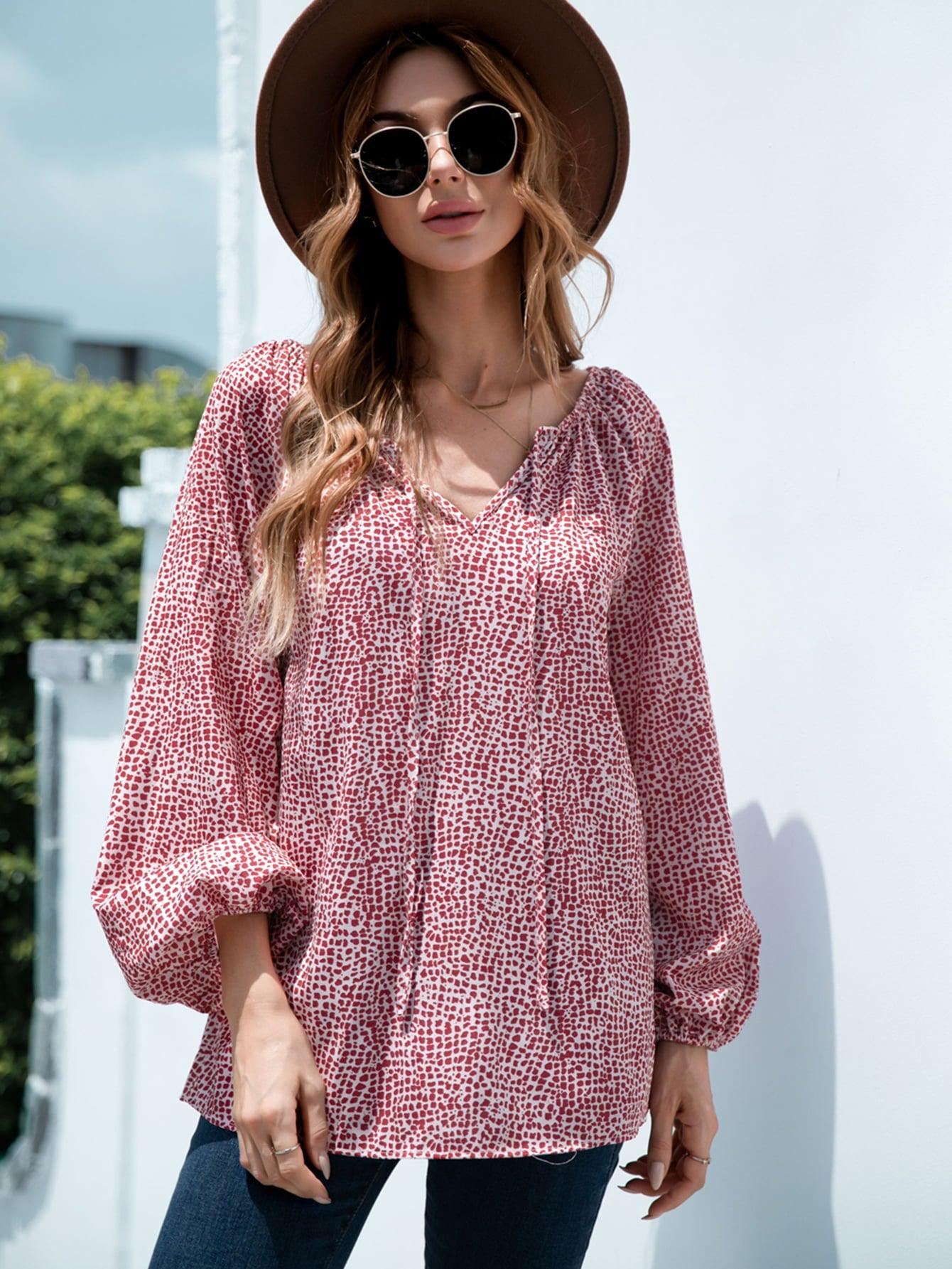 Printed Tie-Neck Balloon Sleeve Blouse BLUE ZONE PLANET
