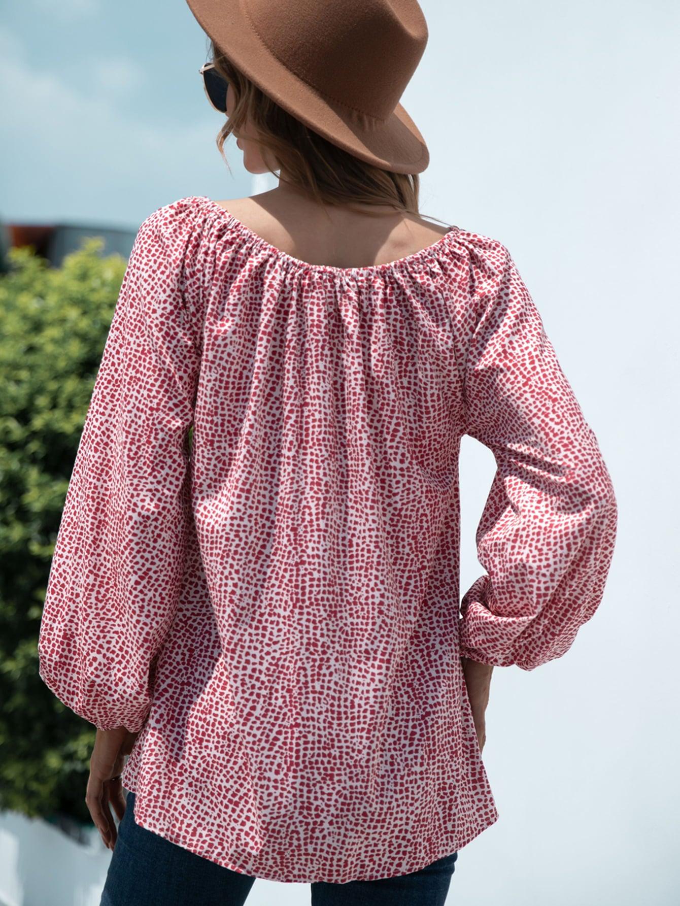 Printed Tie-Neck Balloon Sleeve Blouse BLUE ZONE PLANET