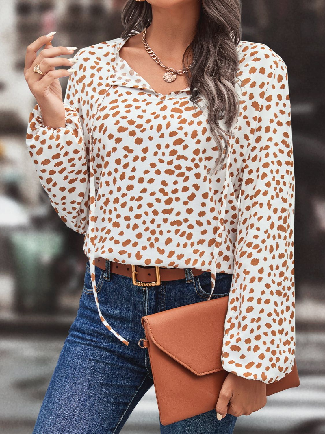 Printed Tie Neck Long Sleeve Blouse BLUE ZONE PLANET