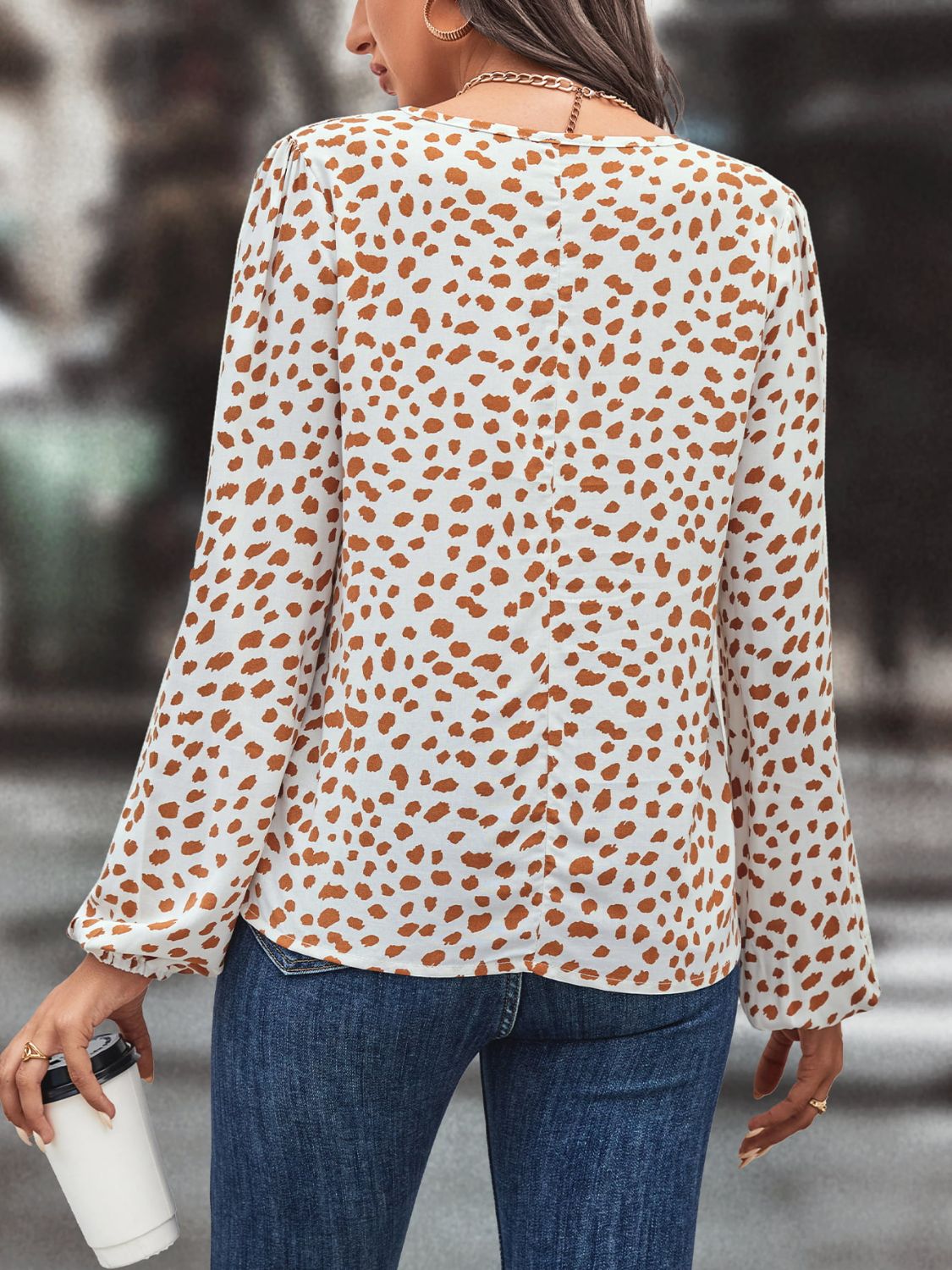 Printed Tie Neck Long Sleeve Blouse BLUE ZONE PLANET