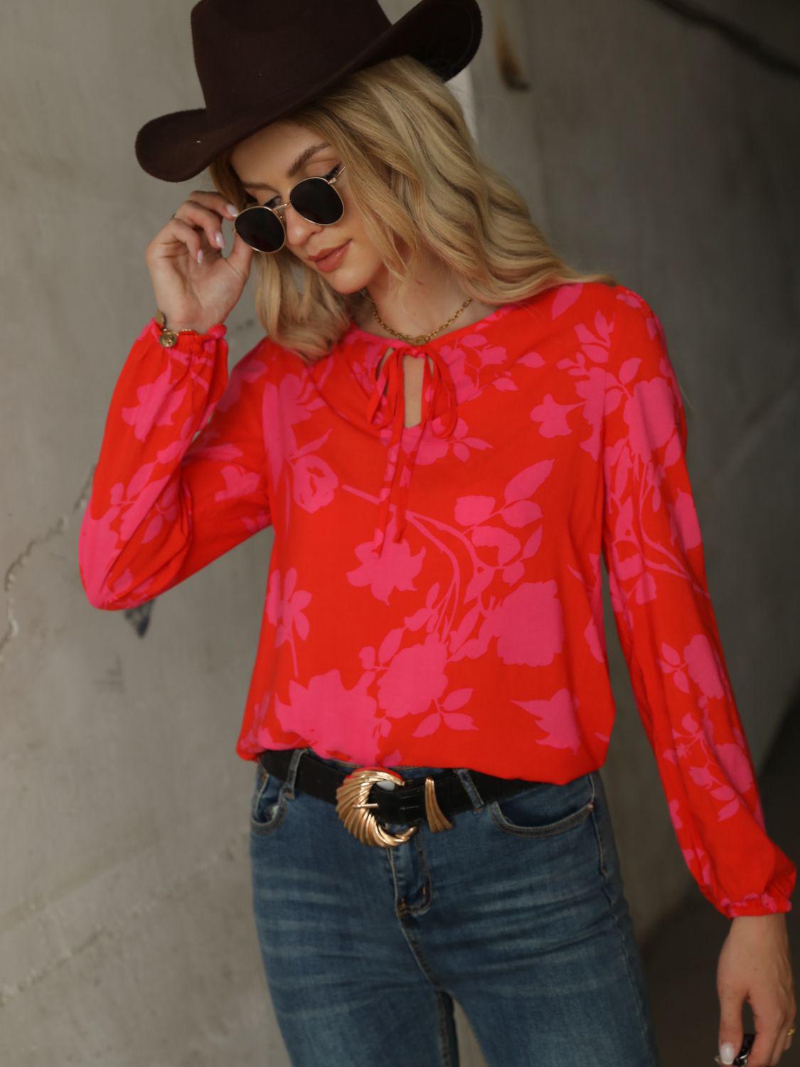 Printed Tie Neck Long Sleeve Blouse BLUE ZONE PLANET