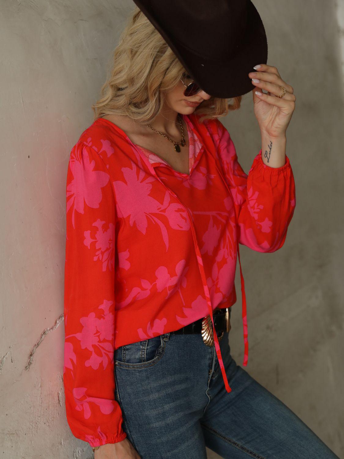 Printed Tie Neck Long Sleeve Blouse BLUE ZONE PLANET