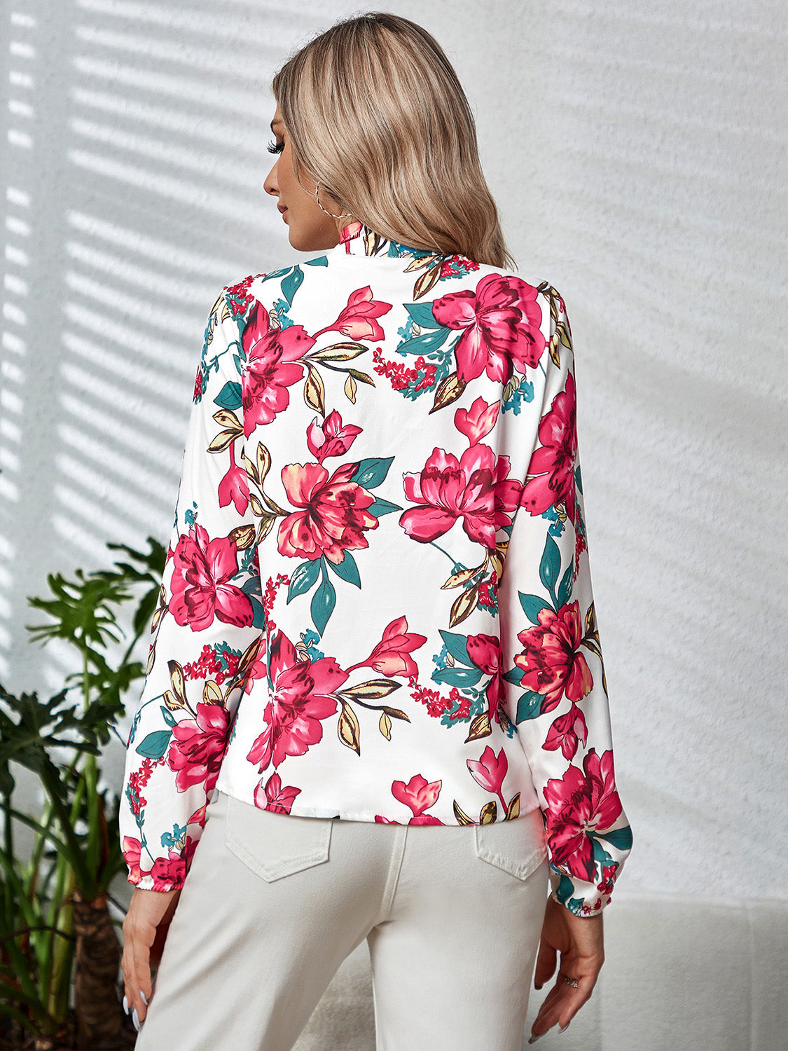 Printed Tie Neck Long Sleeve Blouse BLUE ZONE PLANET
