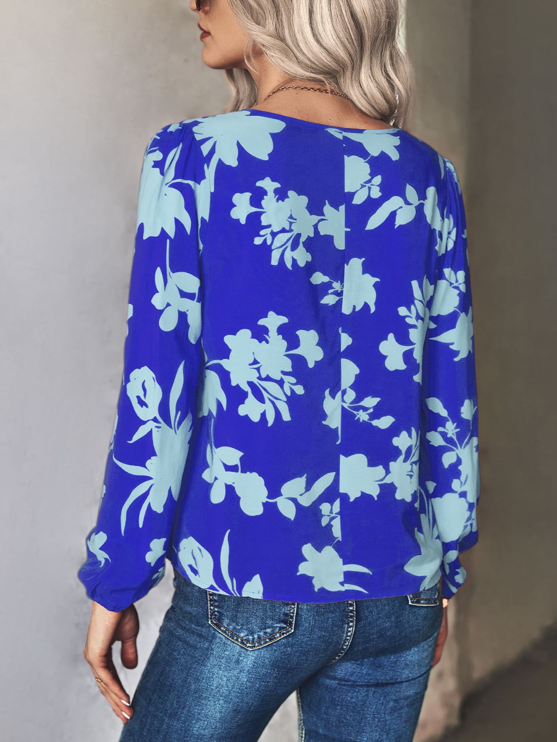 Printed Tie Neck Long Sleeve Blouse BLUE ZONE PLANET