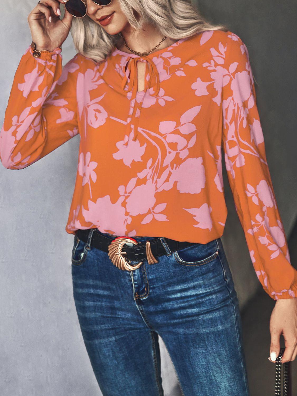 Printed Tie Neck Long Sleeve Blouse BLUE ZONE PLANET