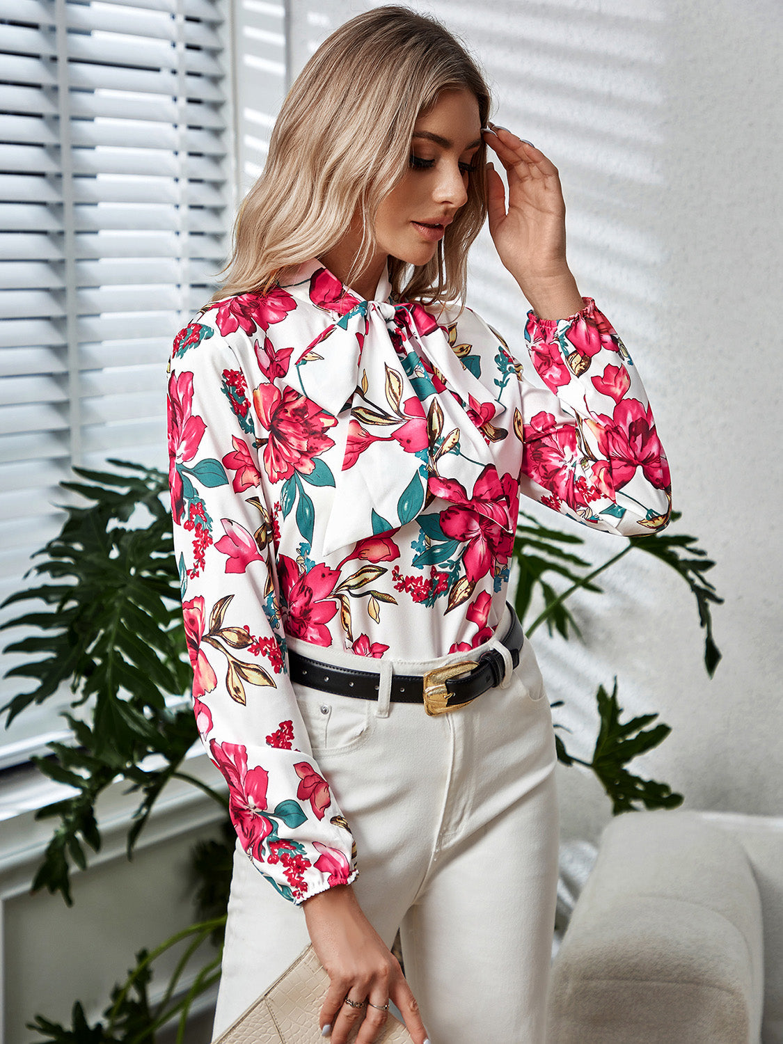 Printed Tie Neck Long Sleeve Blouse BLUE ZONE PLANET