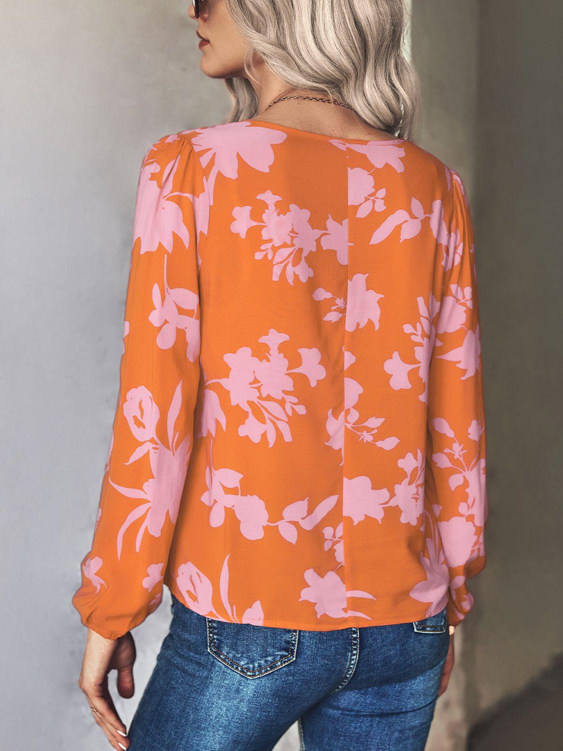 Printed Tie Neck Long Sleeve Blouse BLUE ZONE PLANET