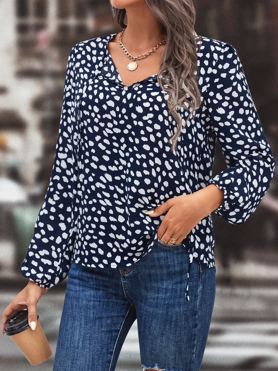 Printed Tie Neck Long Sleeve Blouse BLUE ZONE PLANET
