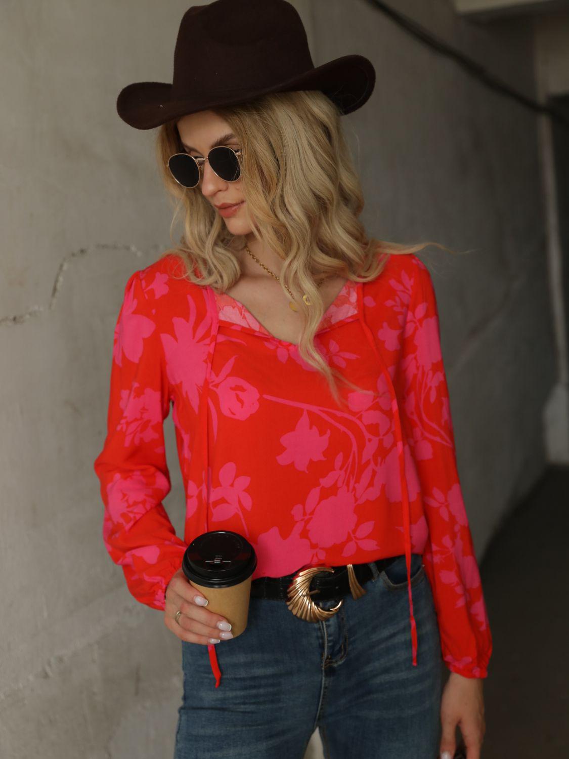 Printed Tie Neck Long Sleeve Blouse BLUE ZONE PLANET