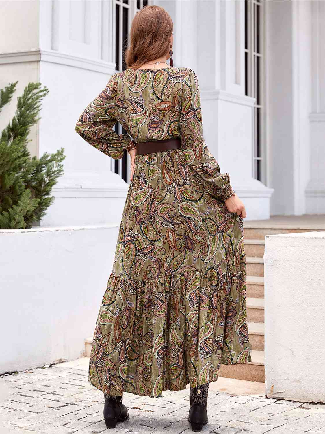 Printed Tie Neck Ruffle Hem Long Sleeve Dress BLUE ZONE PLANET