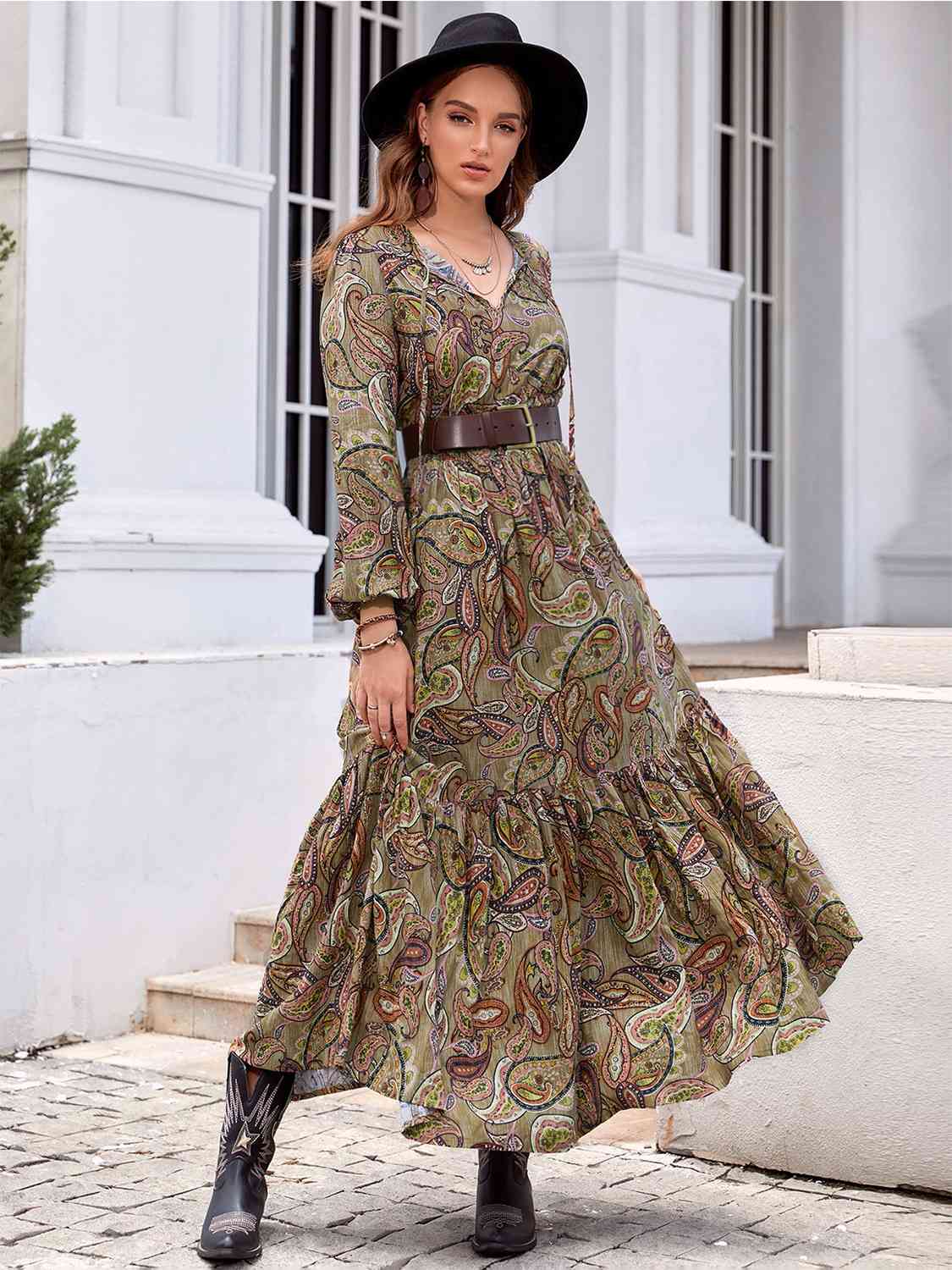 Printed Tie Neck Ruffle Hem Long Sleeve Dress BLUE ZONE PLANET