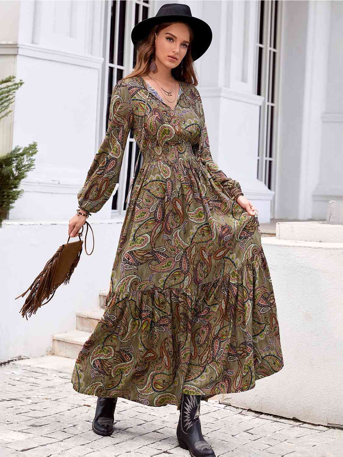 Printed Tie Neck Ruffle Hem Long Sleeve Dress BLUE ZONE PLANET