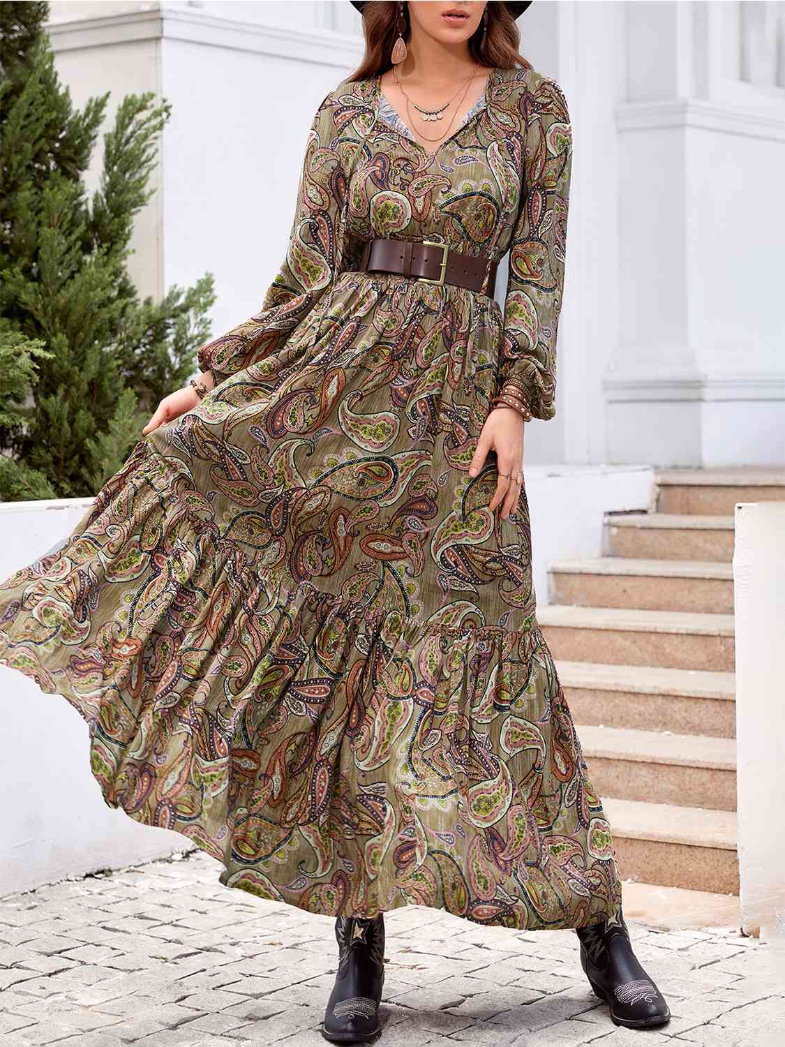 Printed Tie Neck Ruffle Hem Long Sleeve Dress BLUE ZONE PLANET