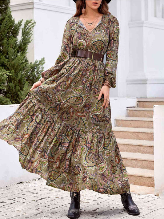 Printed Tie Neck Ruffle Hem Long Sleeve Dress BLUE ZONE PLANET