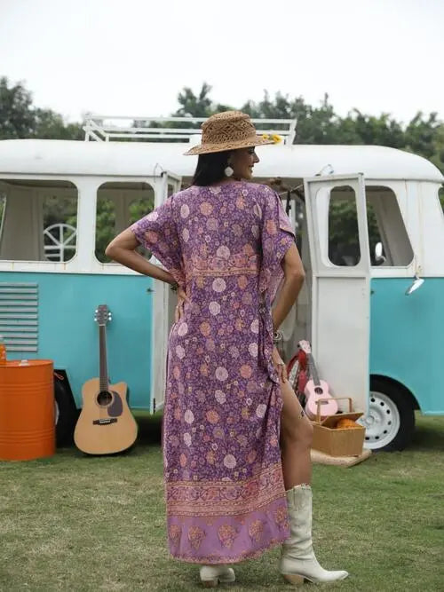 Printed Tie Neck Short Sleeve Dress BLUE ZONE PLANET