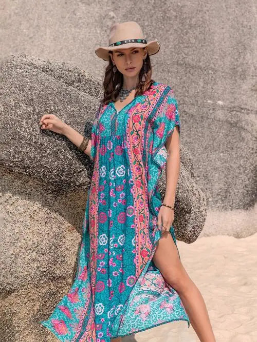 Printed Tie Neck Short Sleeve Dress BLUE ZONE PLANET