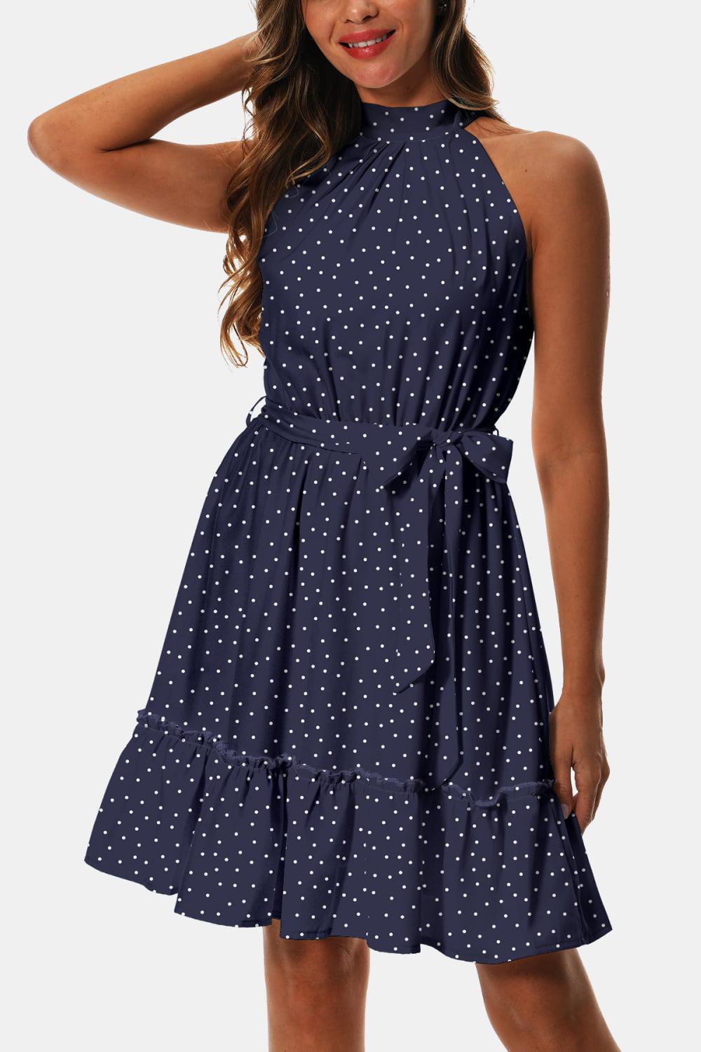 Printed Tie Waist Frill Trim Dress BLUE ZONE PLANET