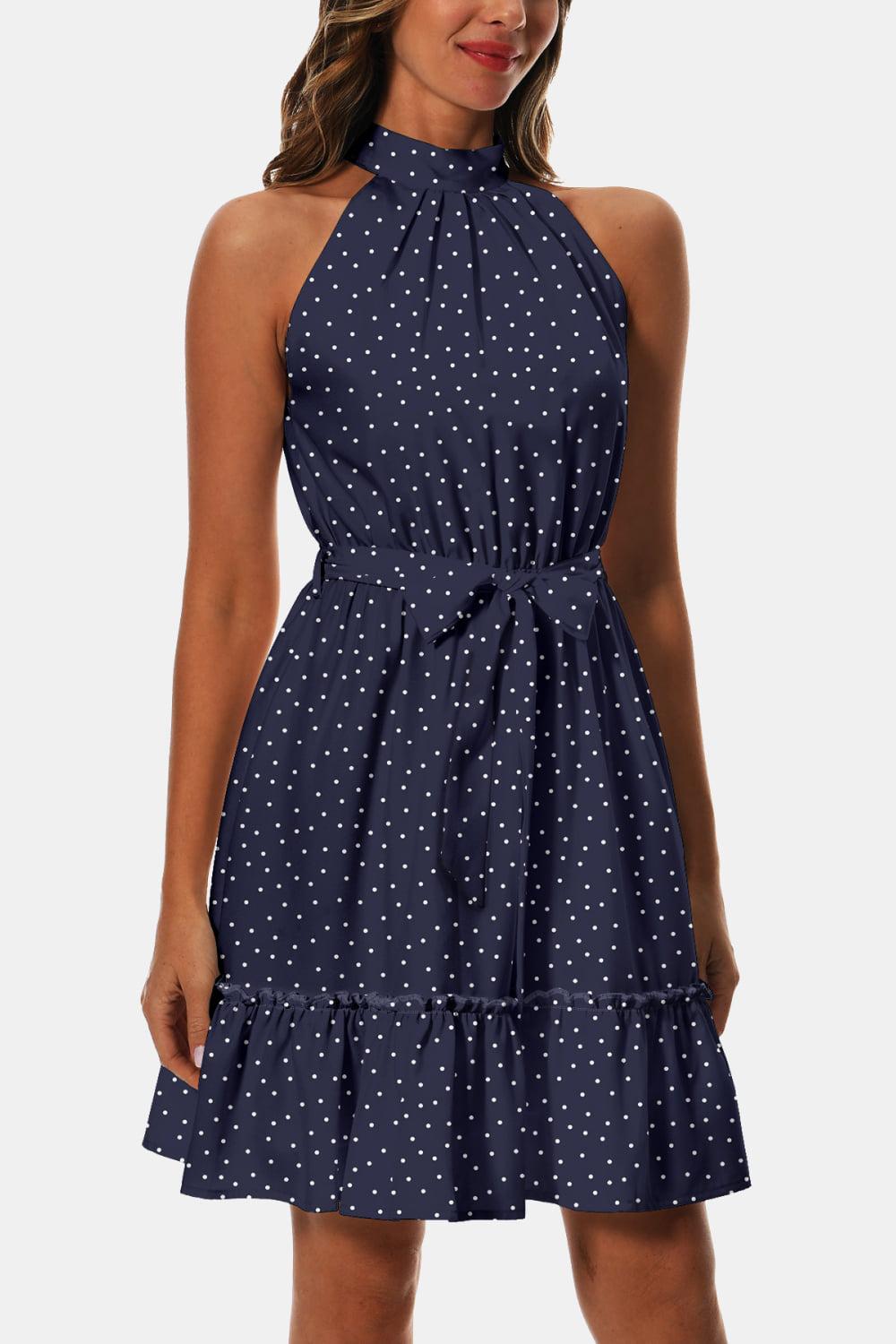 Printed Tie Waist Frill Trim Dress BLUE ZONE PLANET