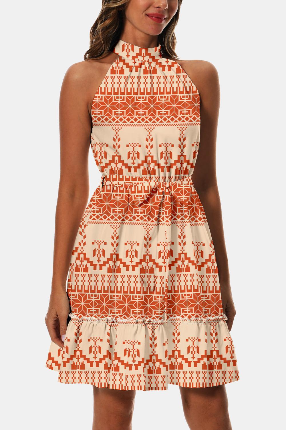 Printed Tie Waist Frill Trim Dress BLUE ZONE PLANET