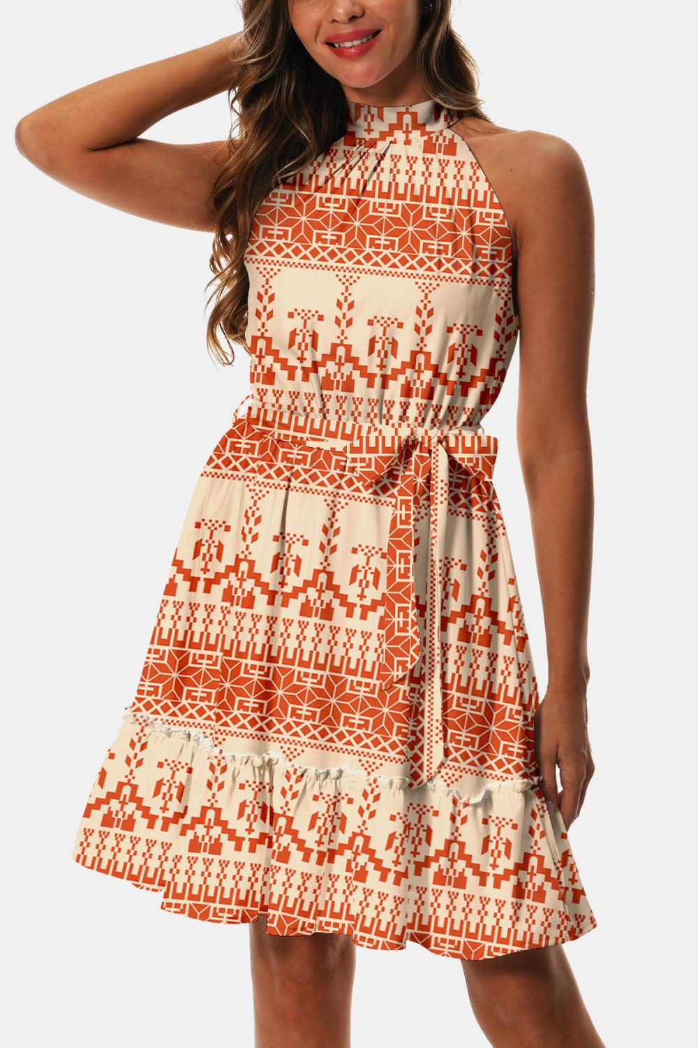 Printed Tie Waist Frill Trim Dress BLUE ZONE PLANET