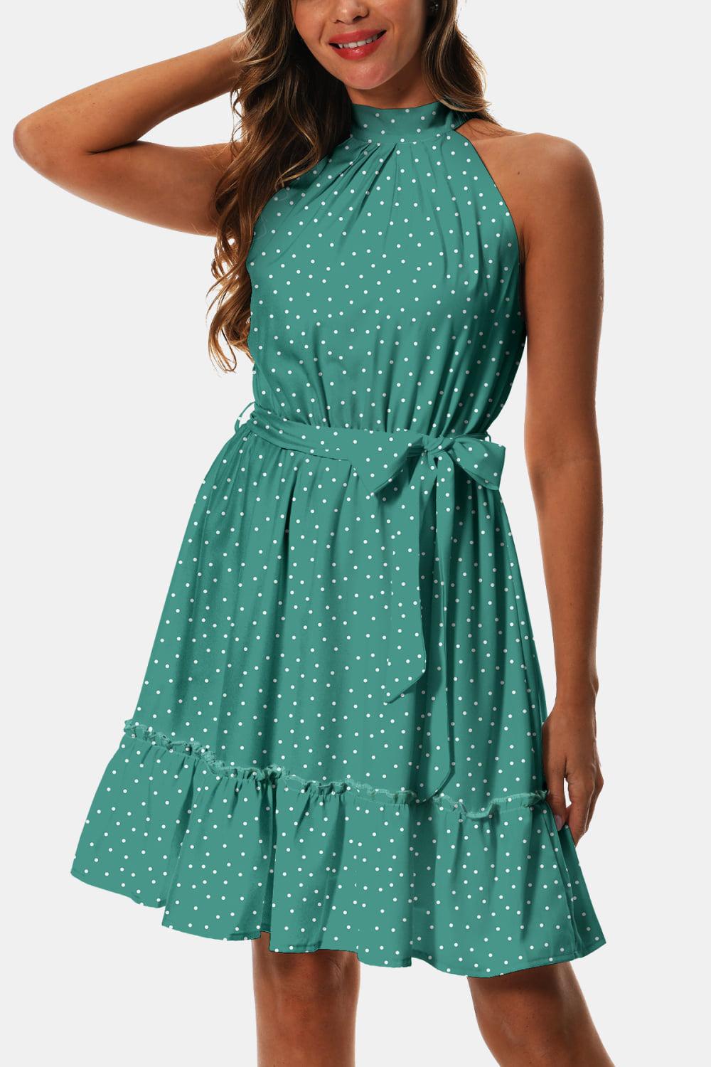 Printed Tie Waist Frill Trim Dress BLUE ZONE PLANET