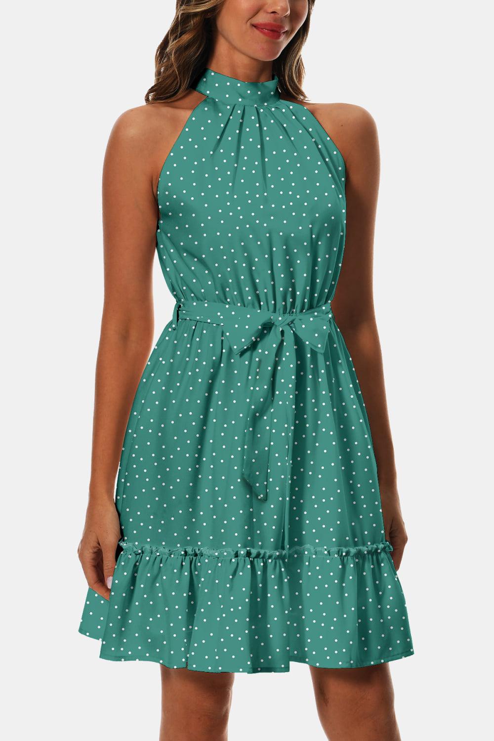 Printed Tie Waist Frill Trim Dress BLUE ZONE PLANET