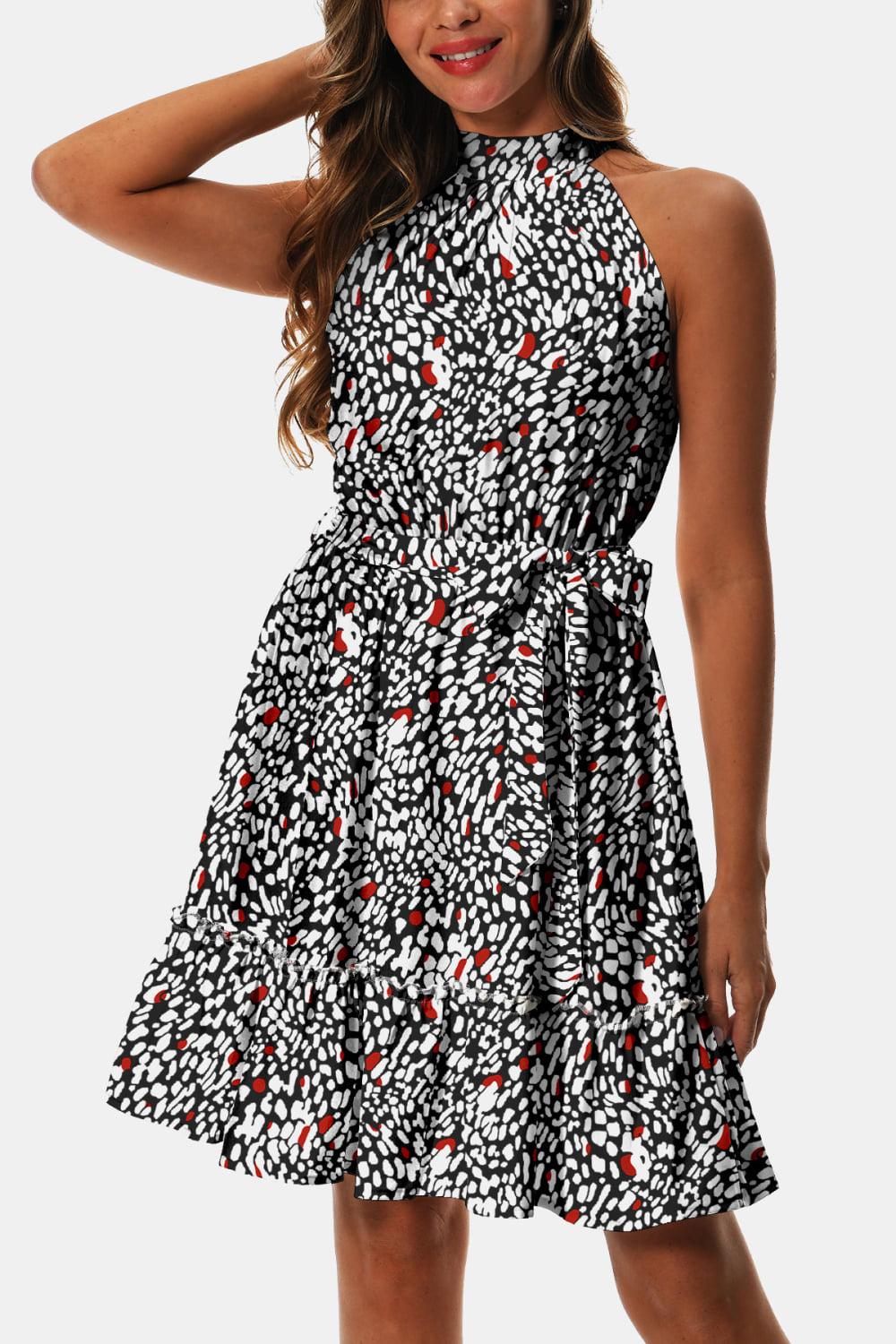 Printed Tie Waist Frill Trim Dress BLUE ZONE PLANET