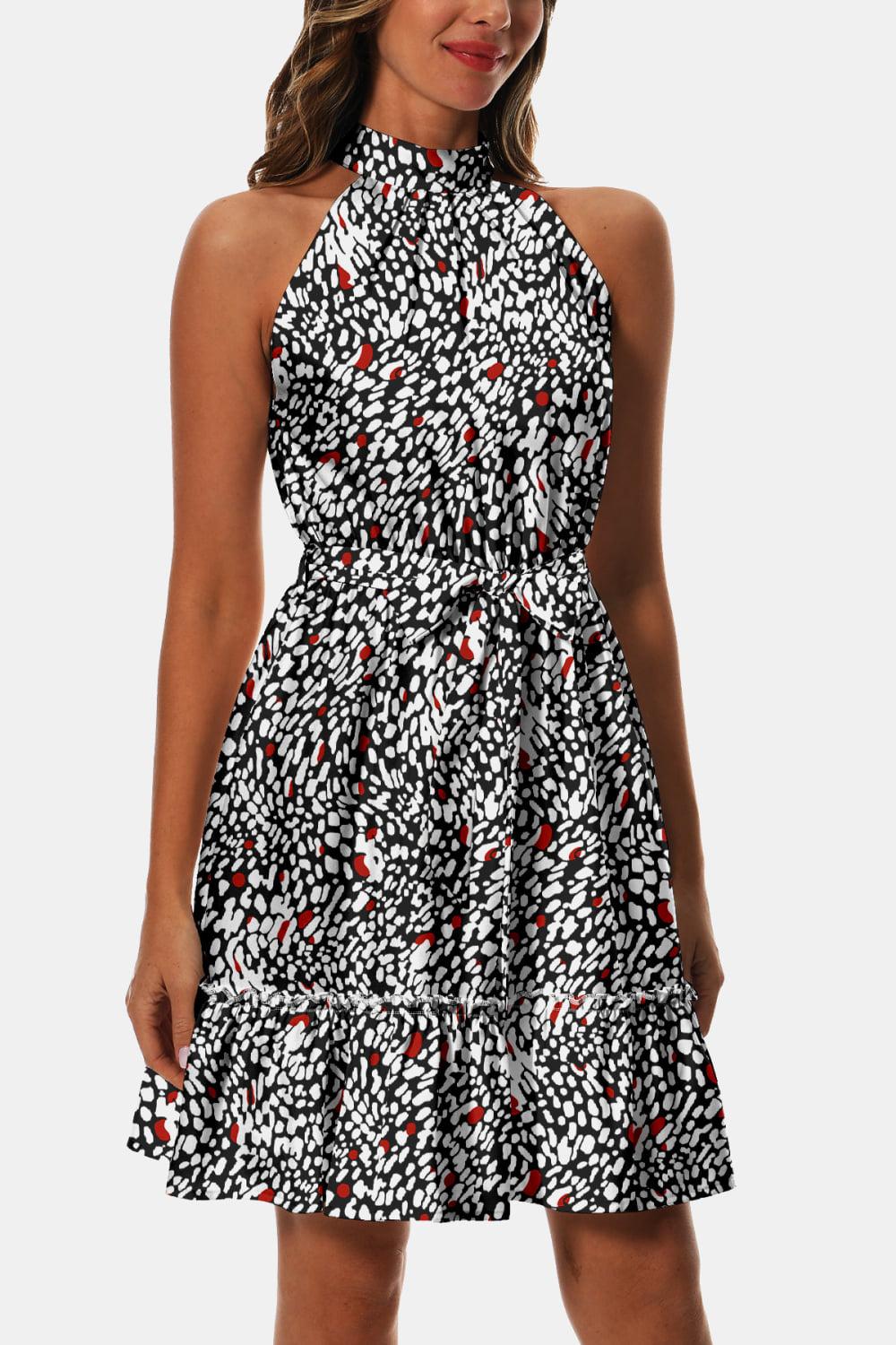 Printed Tie Waist Frill Trim Dress BLUE ZONE PLANET