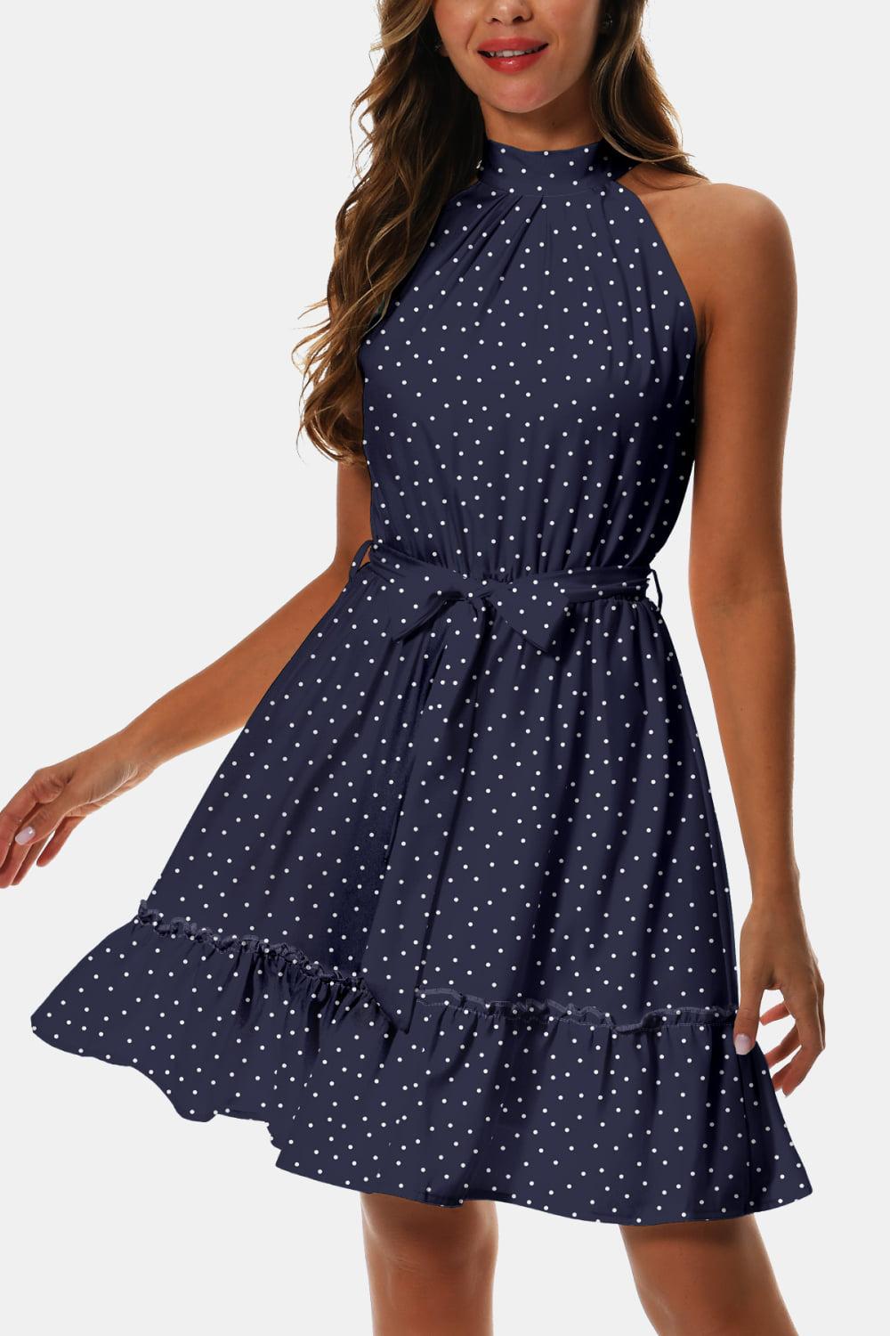 Printed Tie Waist Frill Trim Dress BLUE ZONE PLANET