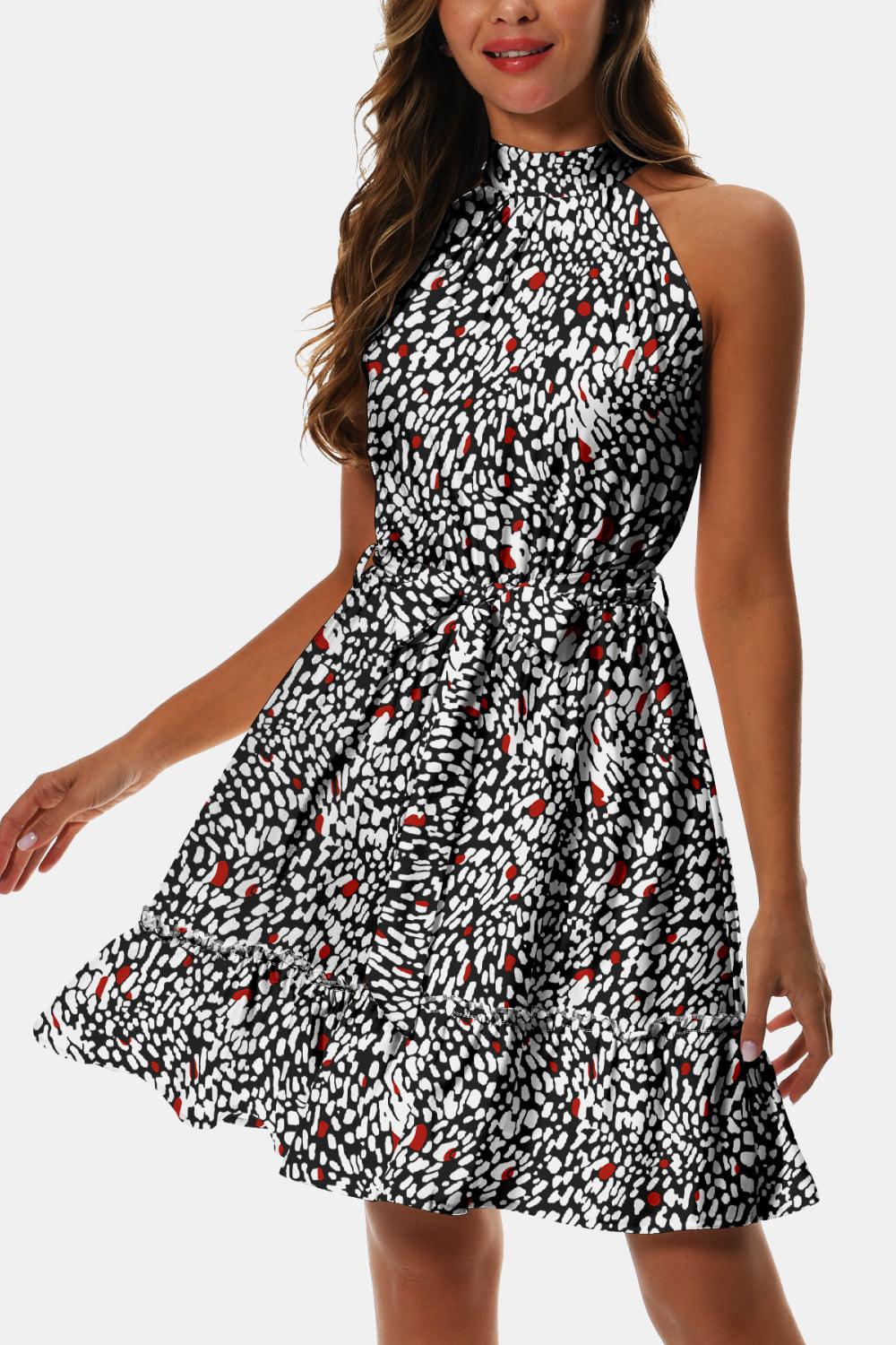 Printed Tie Waist Frill Trim Dress BLUE ZONE PLANET