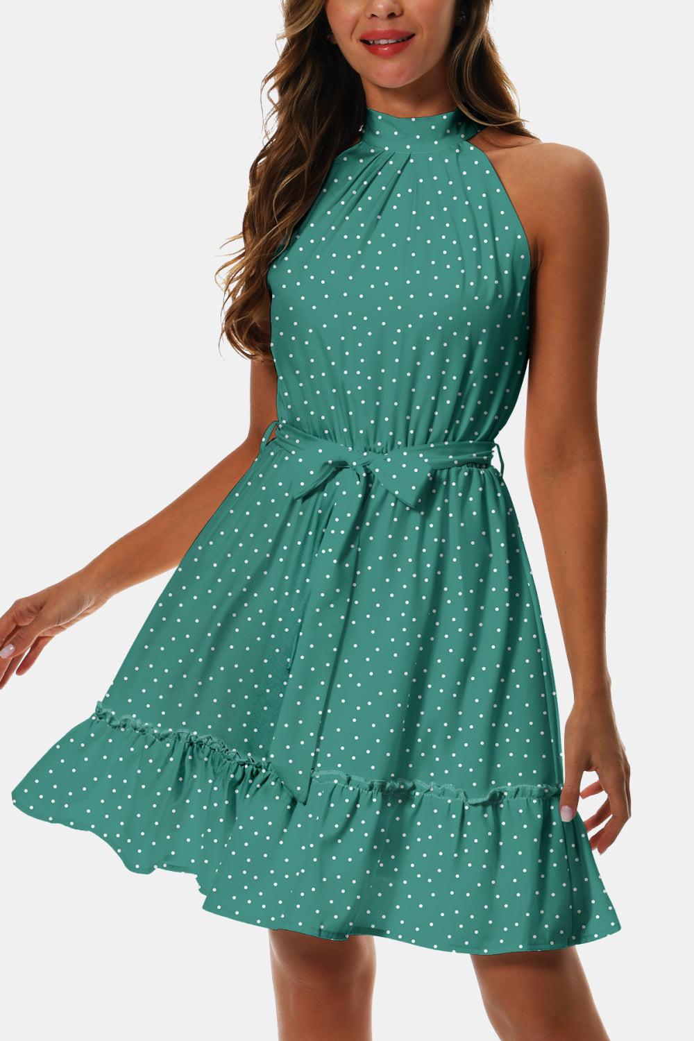 Printed Tie Waist Frill Trim Dress BLUE ZONE PLANET