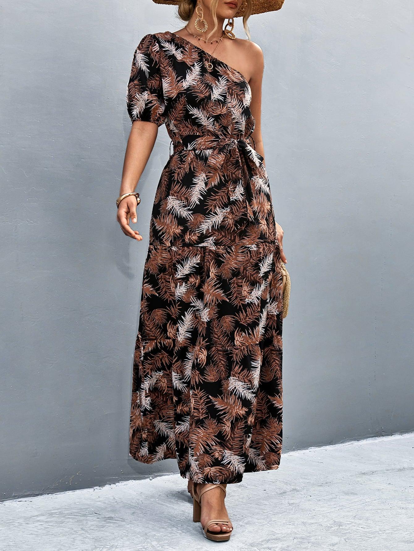 Printed Tie Waist One Shoulder Maxi Dress BLUE ZONE PLANET