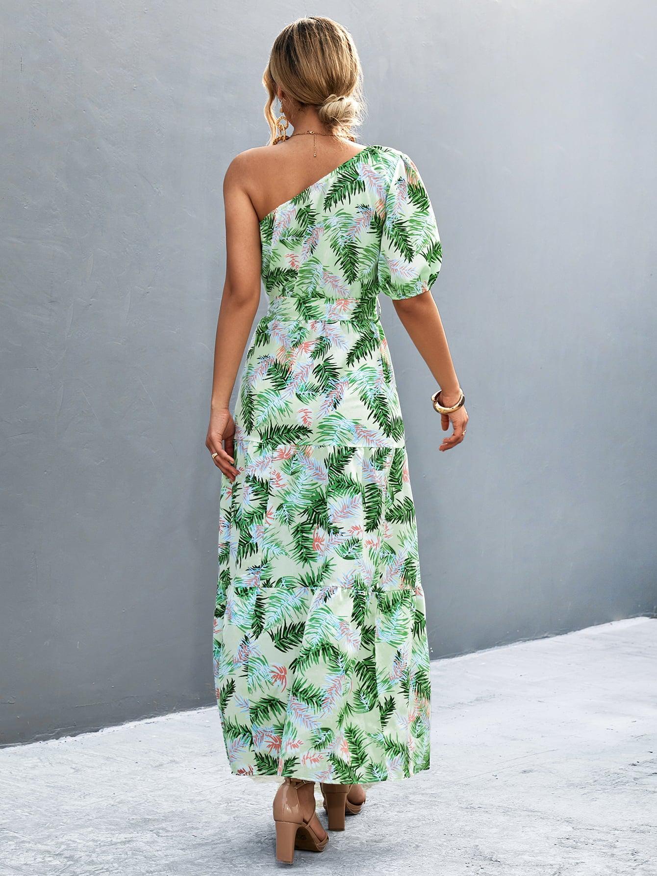 Printed Tie Waist One Shoulder Maxi Dress BLUE ZONE PLANET