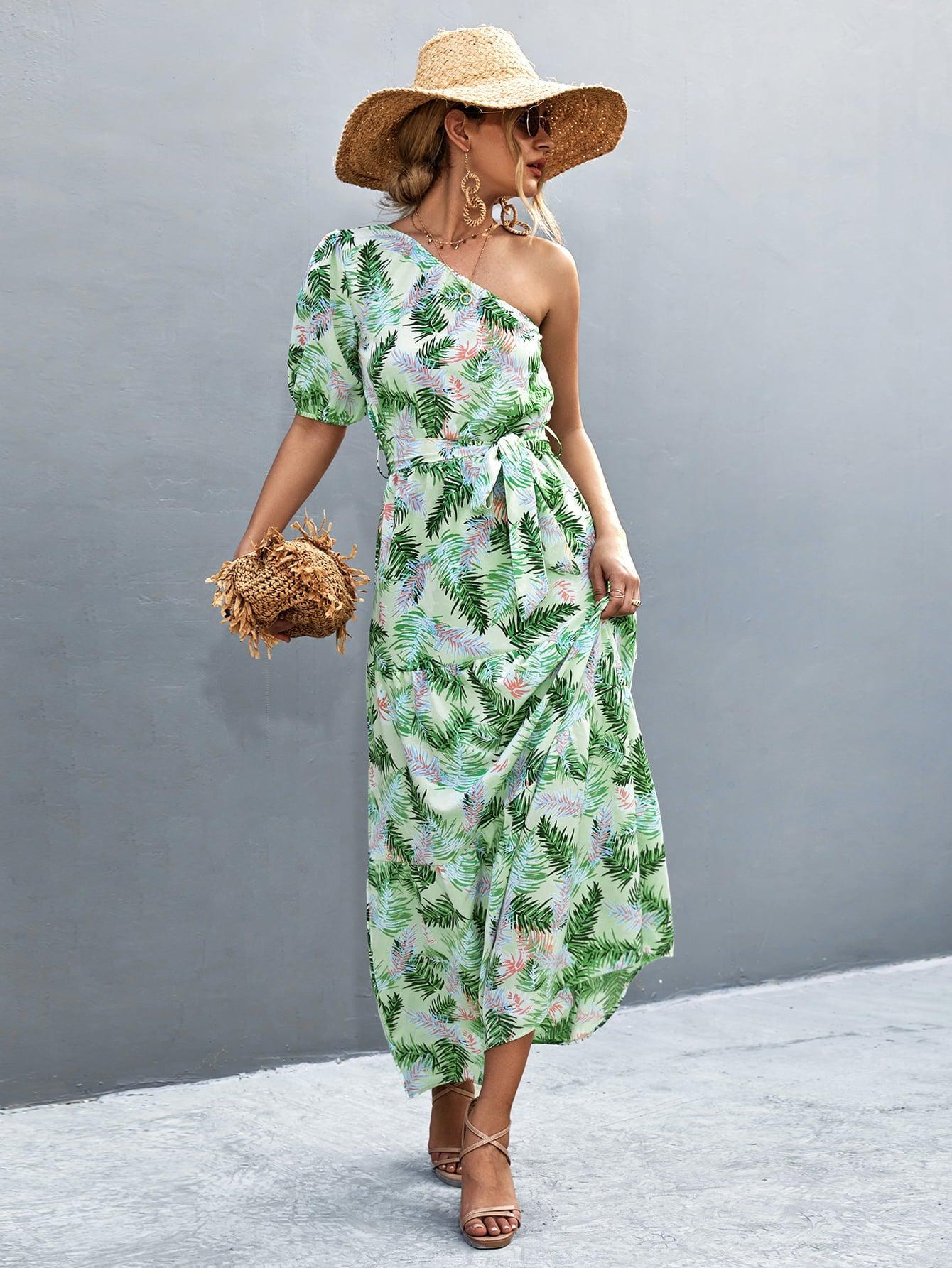 Printed Tie Waist One Shoulder Maxi Dress BLUE ZONE PLANET