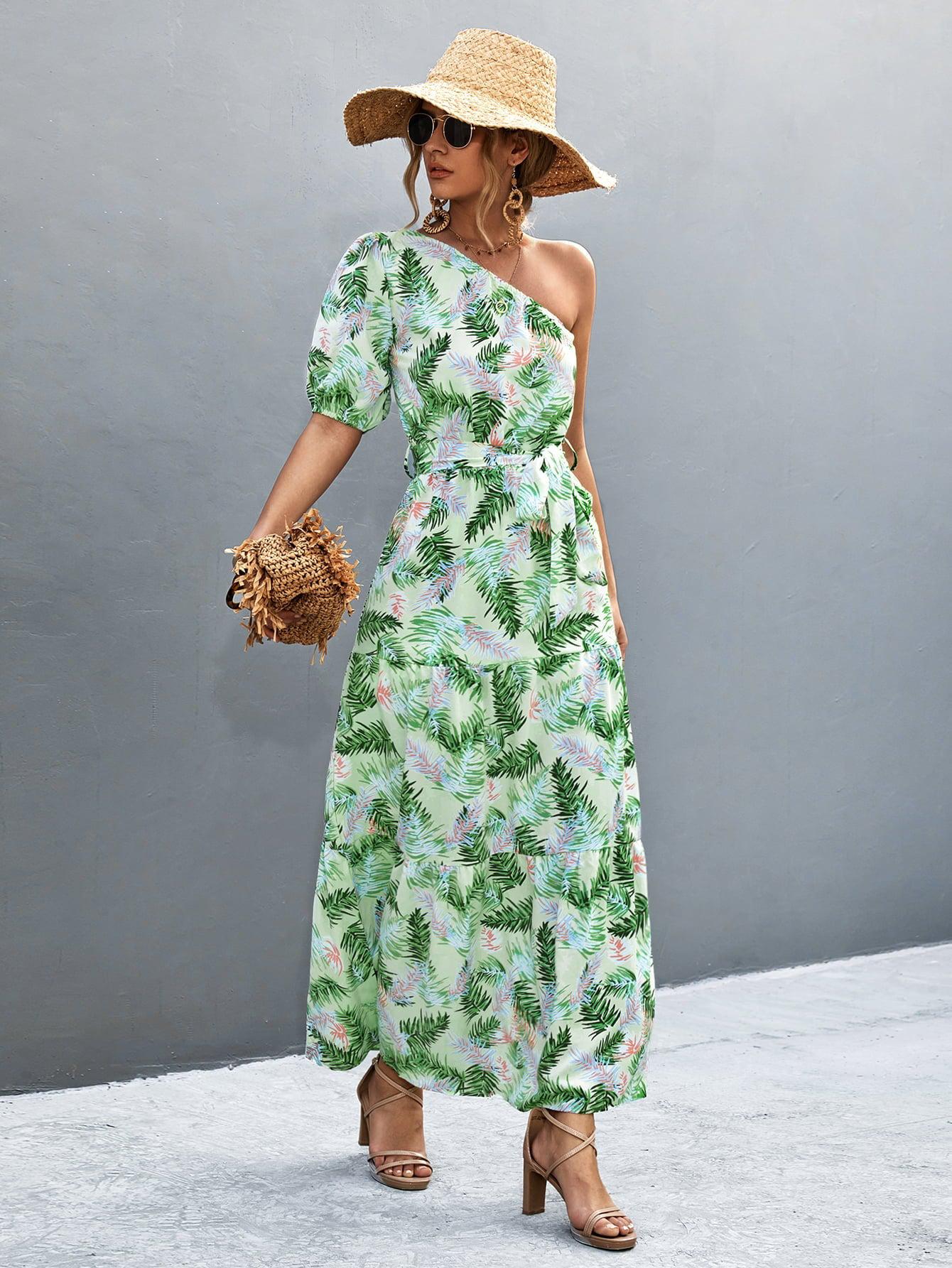Printed Tie Waist One Shoulder Maxi Dress BLUE ZONE PLANET