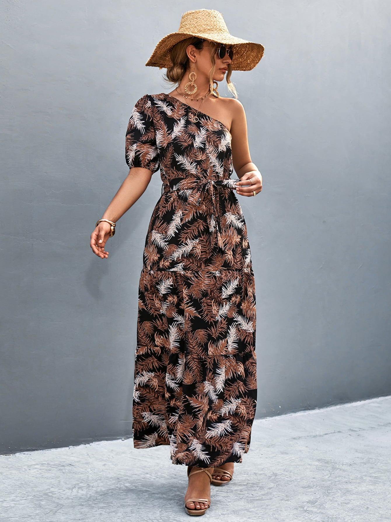 Printed Tie Waist One Shoulder Maxi Dress BLUE ZONE PLANET