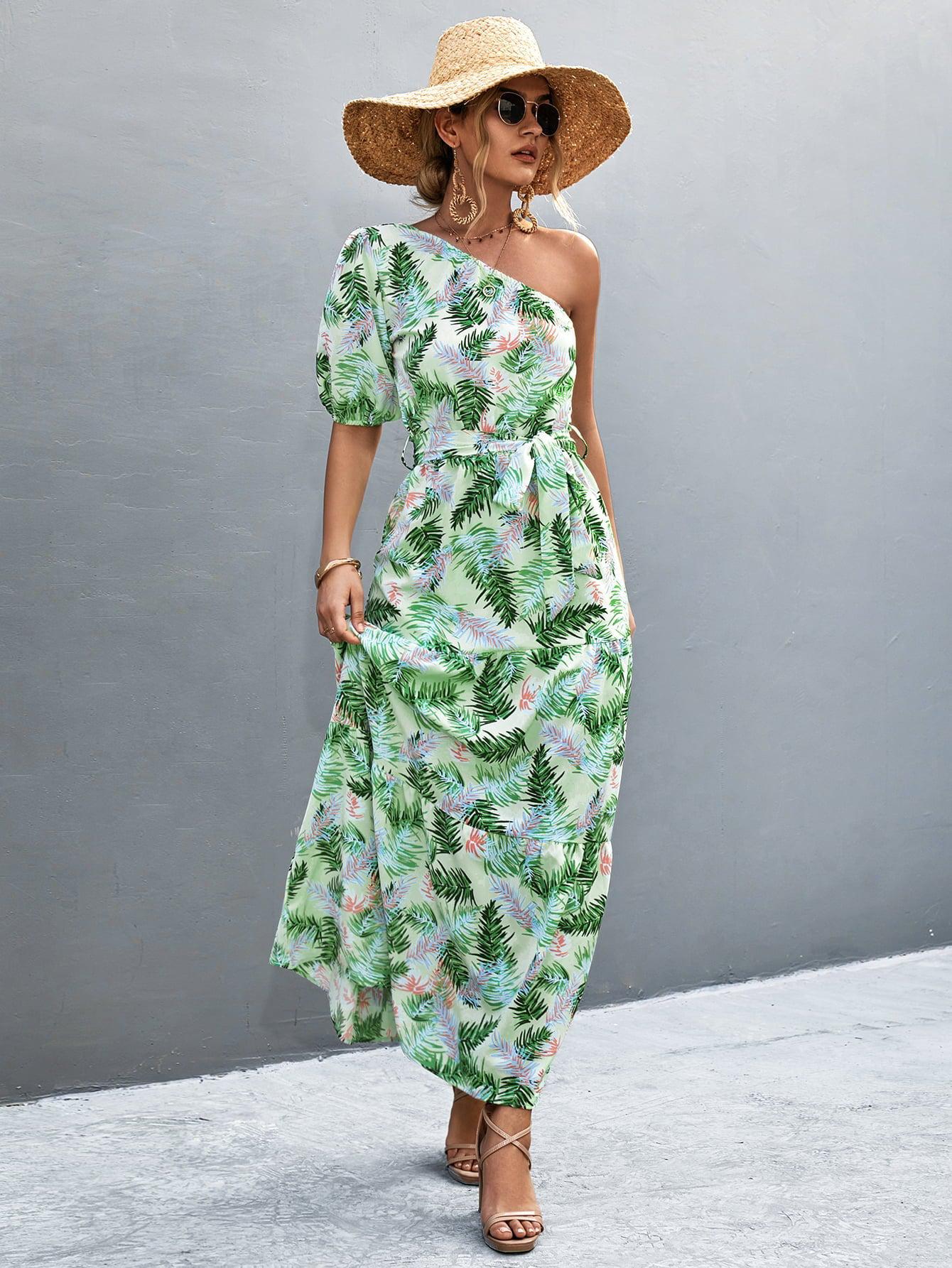Printed Tie Waist One Shoulder Maxi Dress BLUE ZONE PLANET