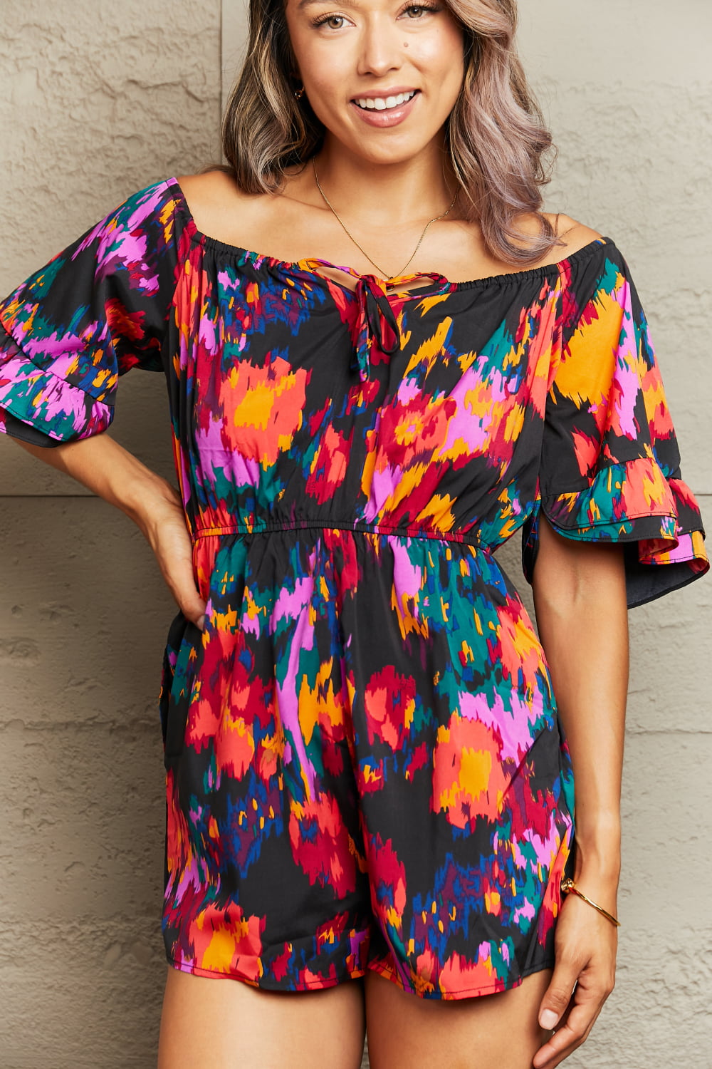 Printed Tied Flounce Sleeve Romper BLUE ZONE PLANET